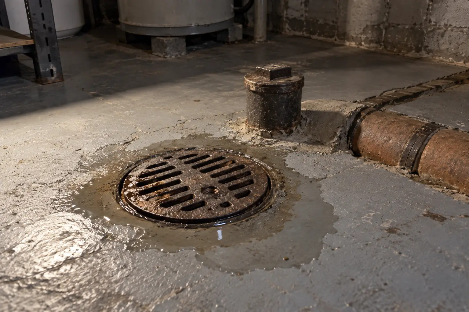 An old cast iron floor drain set in a basement slab with a ring of water standing around it