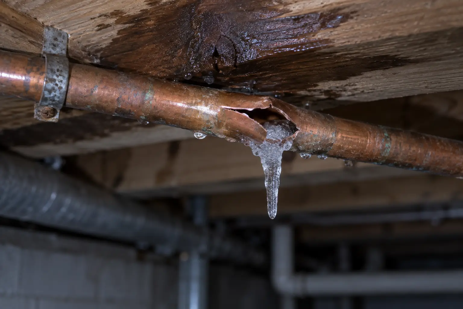 A copper supply line split along a seam where it froze, with an icicle hanging beneath it
