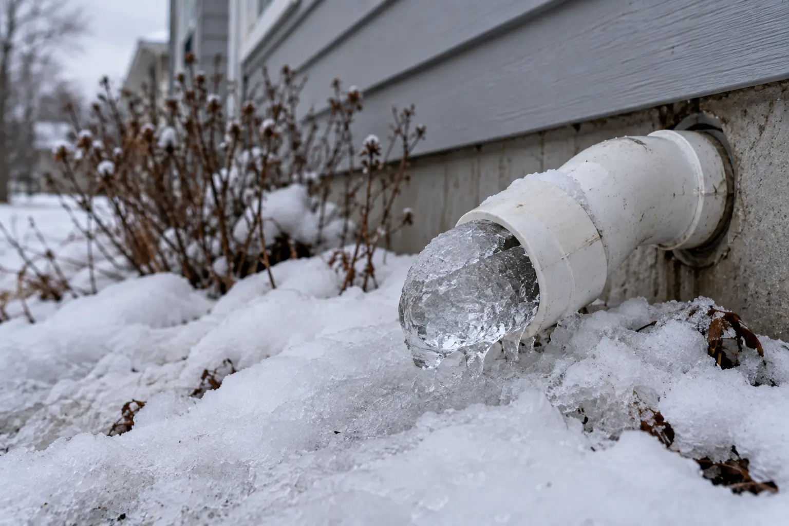 The outdoor end of a sump discharge line capped with a plug of ice and half buried in old snow
