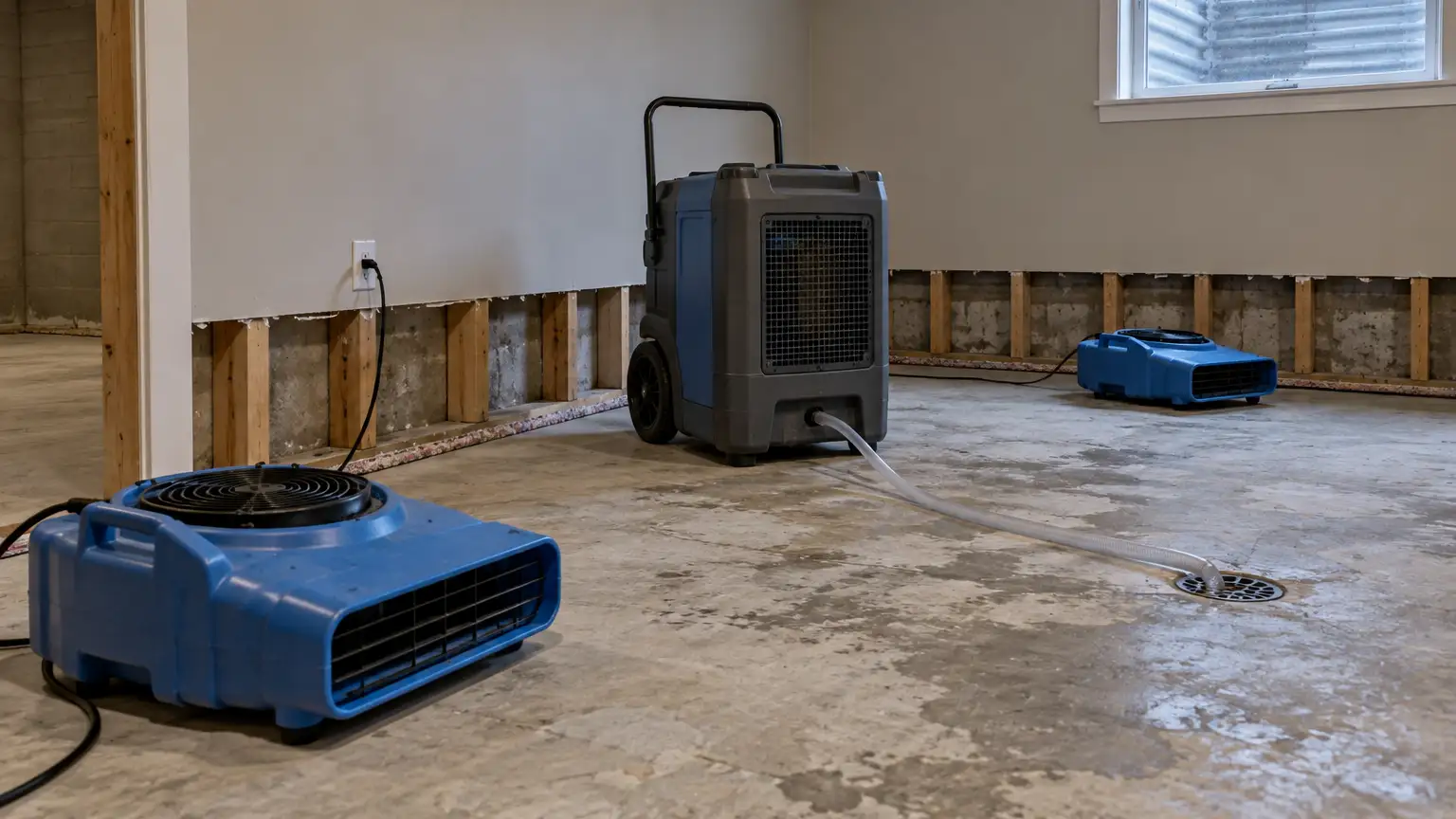 Two air movers and a dehumidifier running in an emptied lower level with the drywall cut back at floor level