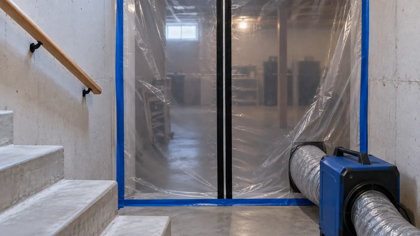 Plastic containment sheeting taped across a basement doorway with a negative air machine ducted through it