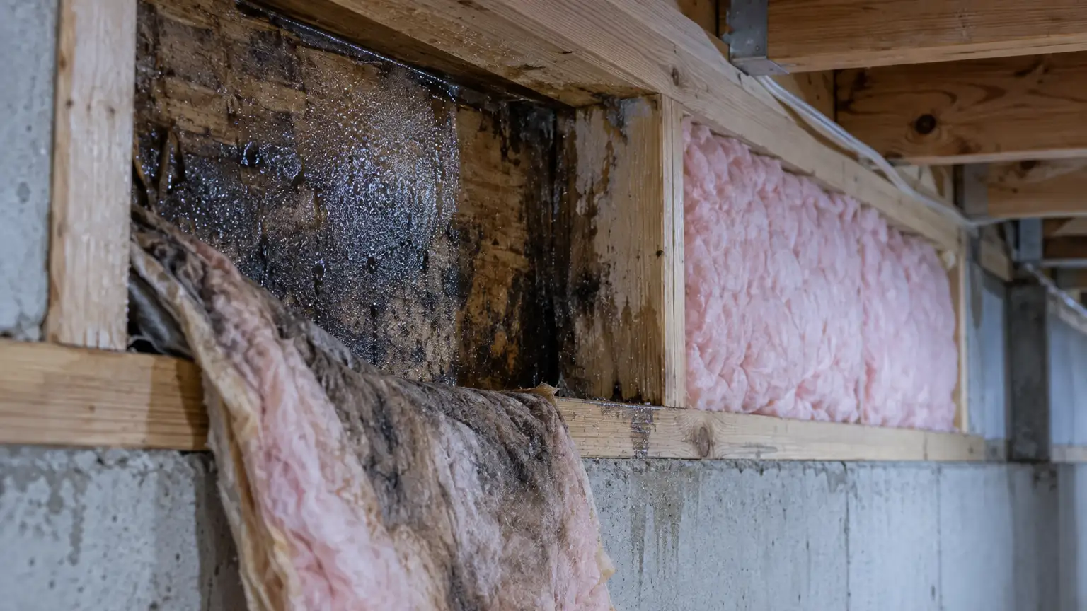 Fiberglass batt pulled down from a rim joist, showing dark staining on the cold band behind it