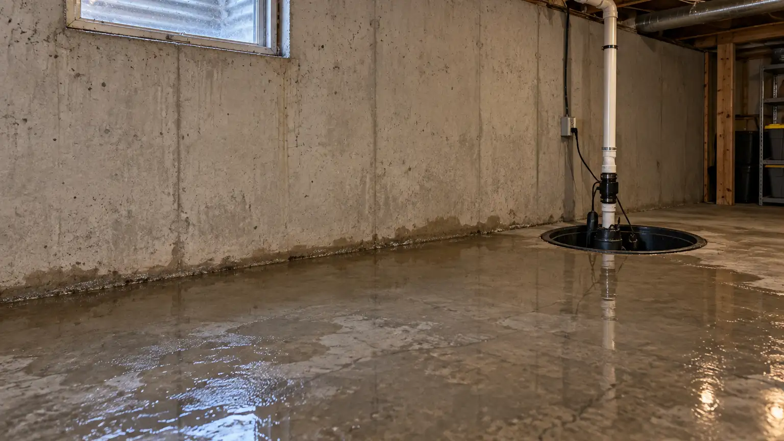 An open sump pit with its pump and discharge pipe beside a poured concrete wall, water spreading across the slab